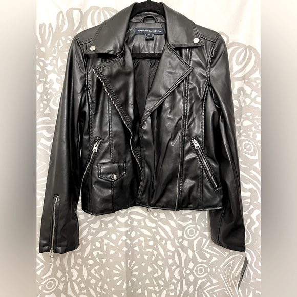French Connection Jackets & Blazers - French Connection Black Leather Moto Jacket Asymmetrical Zipper